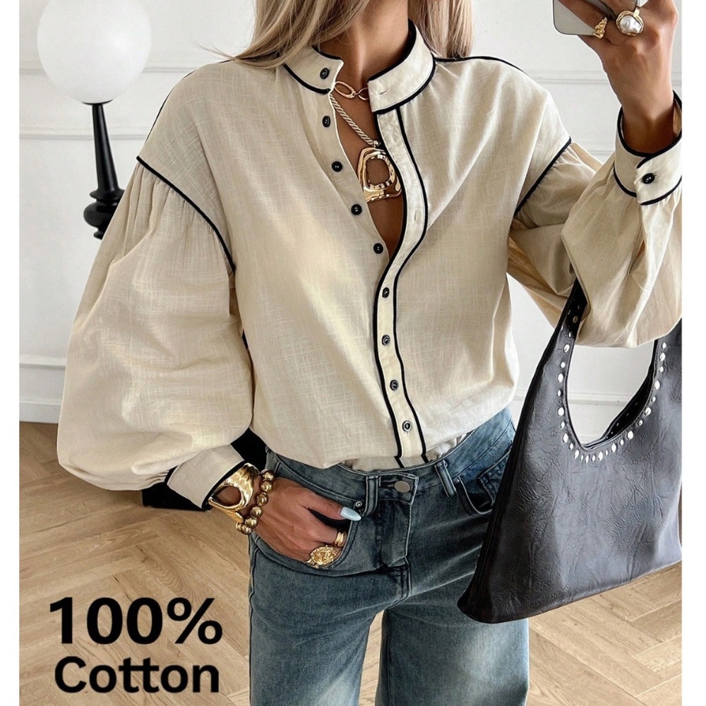 100% Cotton Beige Button Up Long Bishop Sleeve Shirt Black Binding